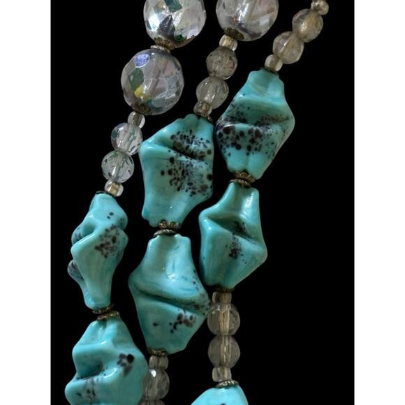 Antique Art Deco Faux Turquoise Glass AB Faceted Triple Strand Necklace RARE - Picture 3 of 11
